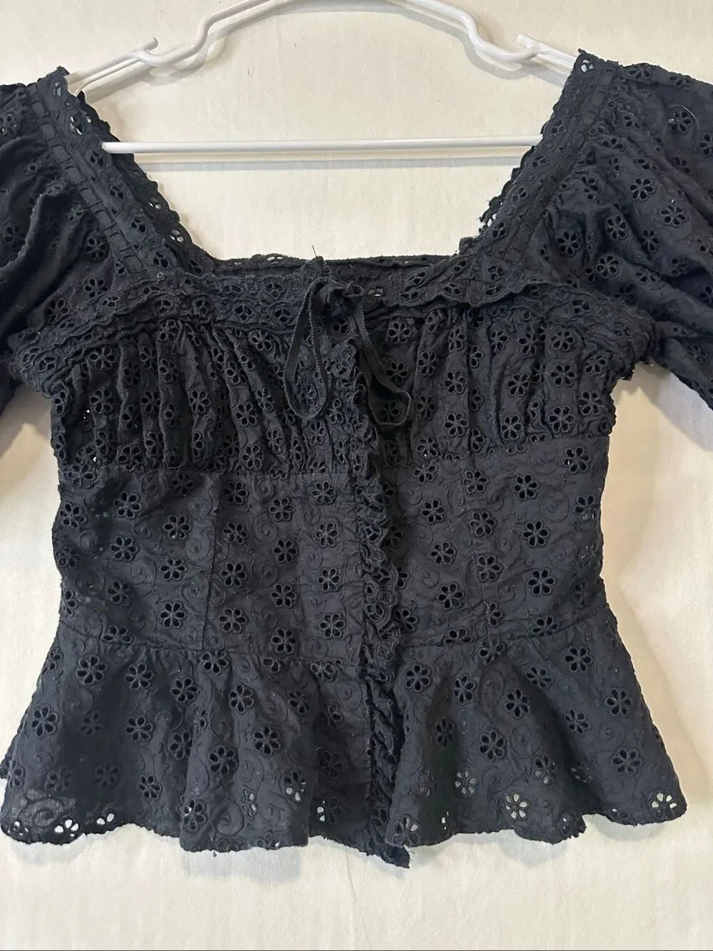 Doen Nera Eyelet Top Black Organic Cotton Puff Sleeve Peplum Blouse XS